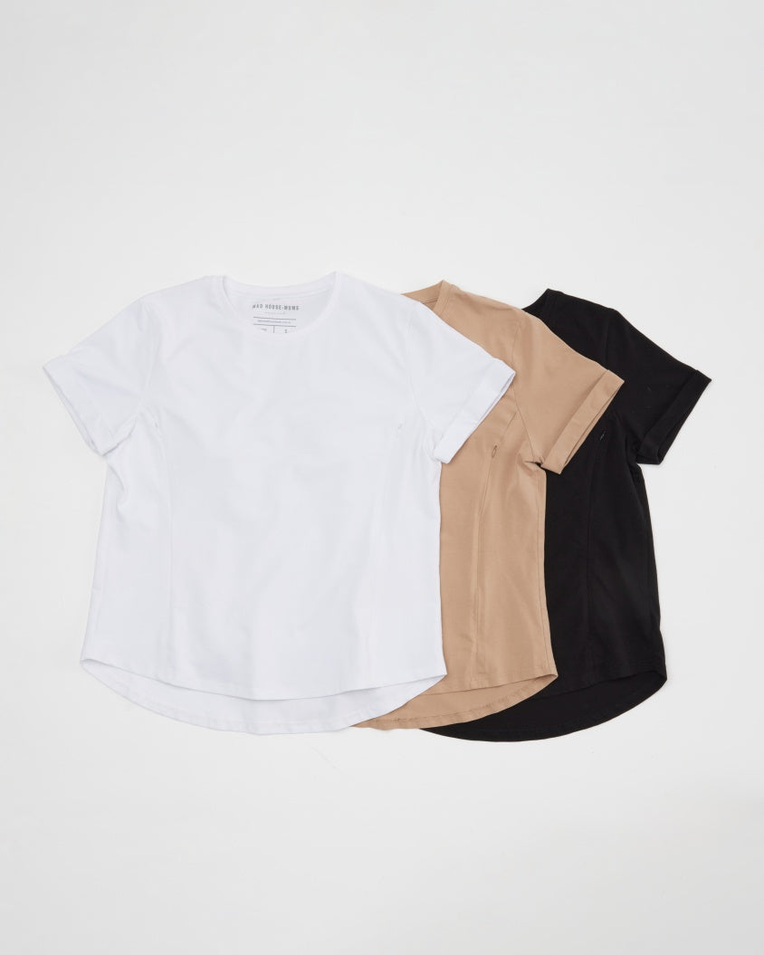 Black Elegance Nursing Tee | Hidden Zipper Breastfeeding T-Shirt | Stylish & Versatile Nursing Top